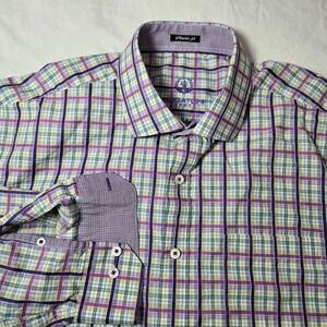 Bugatchi Shirt Plaid Check Cotton Classic Fit Button Up Long Sleeve Size XL Flip